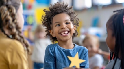Self Esteem Happy Child Holding Star in Classroom