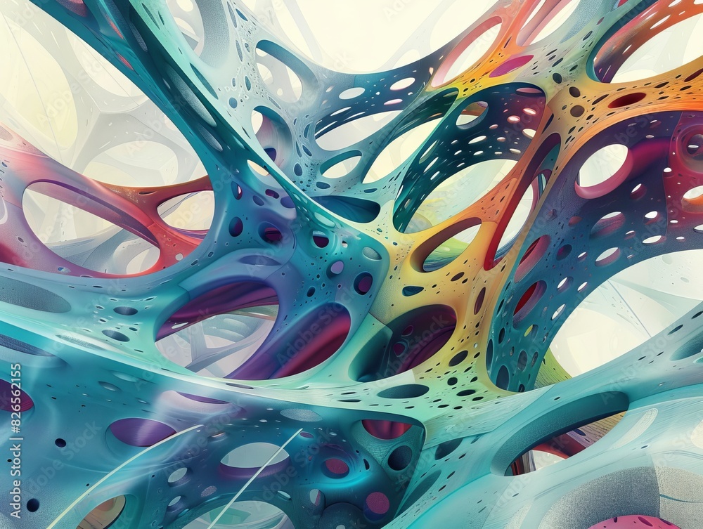 Fototapete colorful 3d rendering of an abstract organic structure with a smooth, fluid-like surface lit by a br