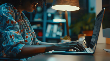 Hands of biracial casual businesswoman using laptop and computer screen at office desk - Powered by Adobe