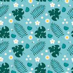 Seamless pattern with hand drawn tropical ornament, palm leaves in green tones. jungle pattern. trend flat pattern for printing on fabric. clothes, wrapping paper.Colorful flat vector illustration