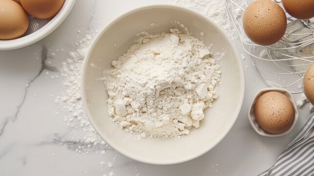 Contemporary mixing of eggs and flour in a bowl on a white marble kitchen table