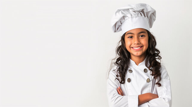 A cute happy smiling young Latin girl dresses like a chef on a plain white background with copy space for text.