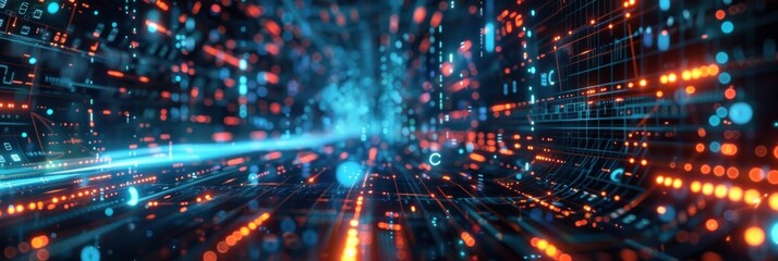 Obraz premium Digital Background Neural Networks in Blue and Orange Lights