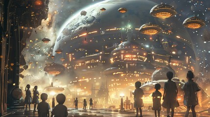 Diverse group of men, women, and children standing in front of a modern, futuristic city backdrop.