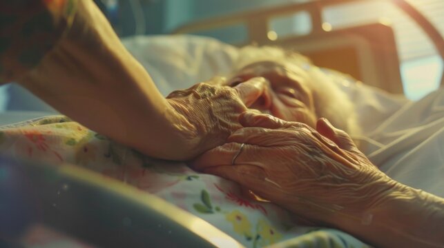 Sympathy Expressed through Holding Elderly Hands in Hospital Bed