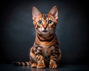Bengal breed cat sitting isolated on dark smoky background looking at camera.