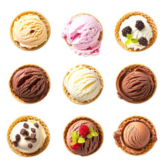 Top view of Ice Cream Cones Collection Assortment Isolated On Transparent Background. Png File. Ai Generated
