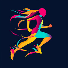 A dynamic and vibrant logo for a women's sports team, depicting a colorful runner in motion, emphasizing energy, movement, and athleticism