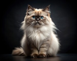 Himalayan breed cat sitting isolated on dark smoky background looking at camera.