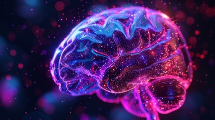 Mesmerizing visualization of a brain enhanced with sparkling lights and dynamic neural connections reflecting cognitive processes. Generative Ai