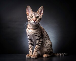 Egyptian Mau breed cat sitting isolated on dark smoky background looking at camera.