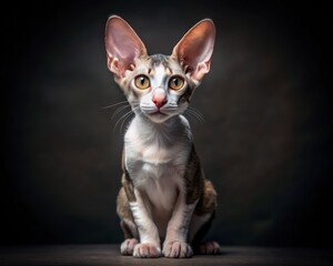 Cornish Rex breed cat sitting isolated on dark smoky background looking at camera.