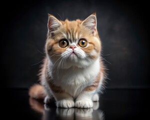 Exotic Shorthair breed cat sitting isolated on dark smoky background looking at camera.