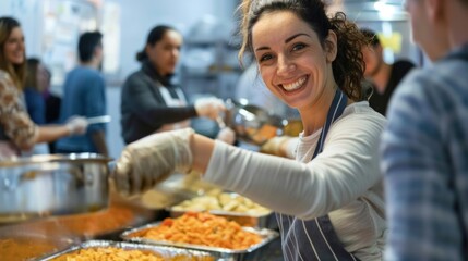 Helping Others: Smiling Volunteer Serving Food