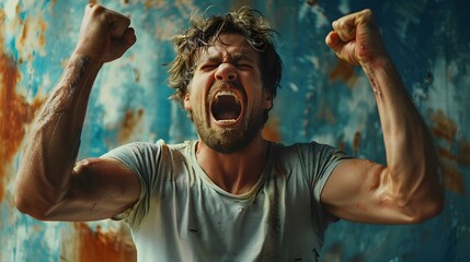 Victorious Athlete Celebrating Intense Triumph with Emotional Expression on Dramatic Background