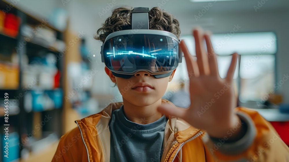 Poster student utilizing augmented reality headset for interactive science lesson in modern classroom