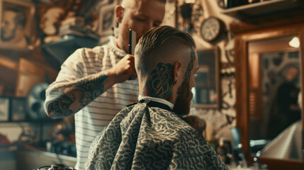 Fototapeta premium Close up of a barber with tattoos giving a haircut to a man in a barbershop.