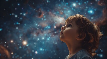 Child Gazing in Wonder at the Starry Night Sky Endless Possibilities Ahead