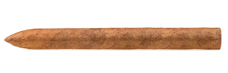 Big brown luxury cigar isolated on a white background. Handcrafted cigar made with real tobacco...