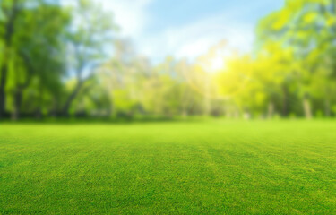 Beautiful blurred background image of spring nature with a neatly trimmed lawn surrounded by trees against a blue sky with clouds on a bright sunny day.