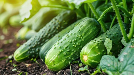 Close up view of cucumbers grown in a garden as an environmentally friendly product