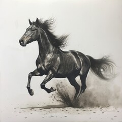 A powerful black Arabian horse gallops freely across a white background, its sleek grey body blending with the dust as it races forward. With the start of its motion, it embodies the epitome of speed.