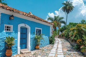 A blue house with a blue door and white trim - Powered by Adobe
