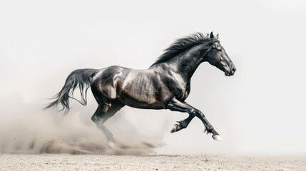 A powerful black Arabian horse gallops freely across a white background, its sleek grey body blending with the dust as it races forward. With the start of its motion, it embodies the epitome of speed.