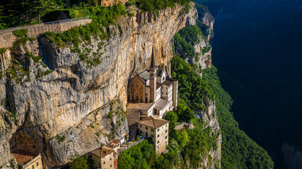 Aerial View of Madonna della Corona, Cliffside Sanctuary in Italy, Dramatic and Scenic Landscape