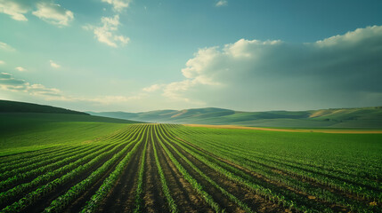 A breathtaking view of green cultivated fields on rolling hills under a dramatic sky, showcasing rural beauty