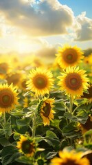 Obraz premium A field of sunflowers with a bright sun shining on them