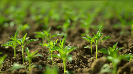 Vibrant green sprouts emerging from the rich, dark farm soil highlighting growth