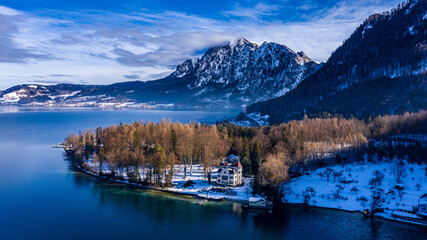 Aerial View of Attersee in Winter, Scenic Snowy Lake and Mountain Landscape in Upper Austria,...