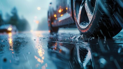 Closeup car on a wet road in rainy day.