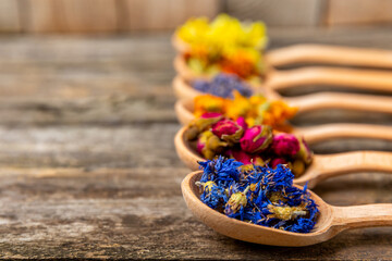 Assortment of dry herbal and berry tea in wooden spoons on a wooden background.Medicinal Healing herbs.Alternative medicine concept.Linden, calendula, cornflowers, marigold, tansy, tea rose.dry herbal