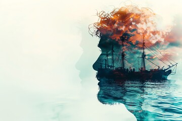 Surreal double exposure portrait of a man with a ship and sea, blending human and nautical elements in dreamy tones.