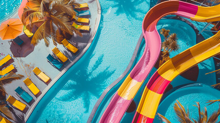 Top view of colorful waterpark with slides, palm trees and sunloungers. Concept of summer, holiday, recreation