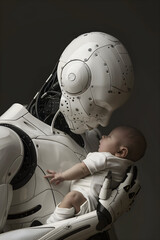 Futuristic Humanoid Android Comforting Human Baby