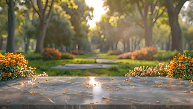 A table adorned with vibrant flowers set in a park under a clear sky on a sunny day.