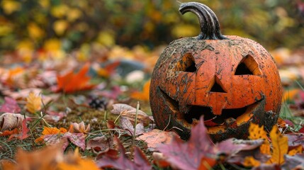 A pumpkin transformed into a jack o lantern with fall foliage nearby - Powered by Adobe