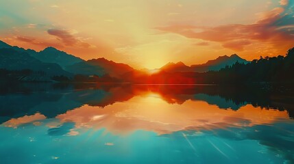 Beautiful sunset over a tranquil lake, with stunning reflections of the colorful sky and distant mountains in the still water.