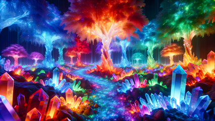 Enchanted Crystal Forest with Majestic Rainbow Trees in Radiant Light