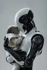 Futuristic Humanoid Android Comforting Human Baby