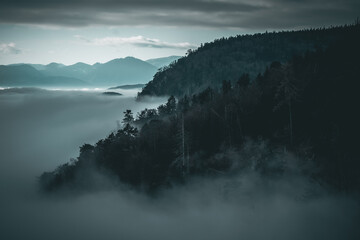 Over the Clouds at Hohe Wand in Austria, Scenic and Dramatic Sunset Landscape in Lower Austria