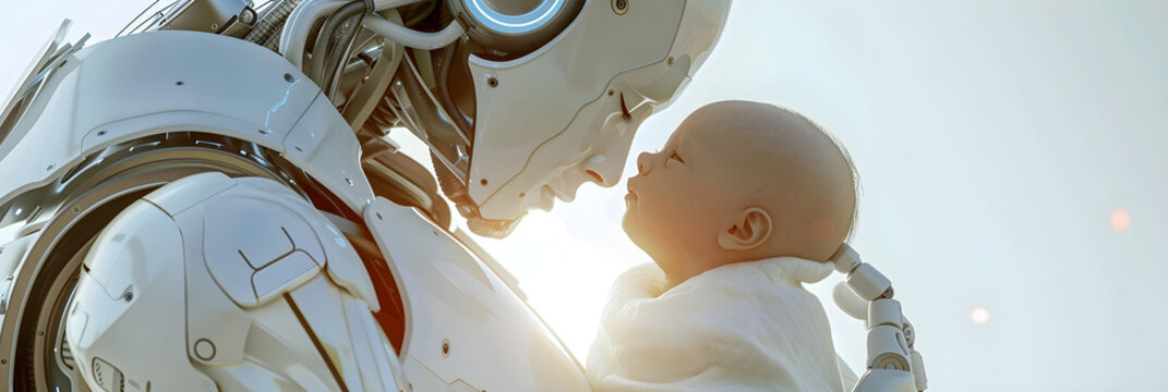 Futuristic Humanoid Android Comforting Human Baby