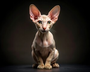 Peterbald breed cat sitting isolated on dark smoky background looking at camera.