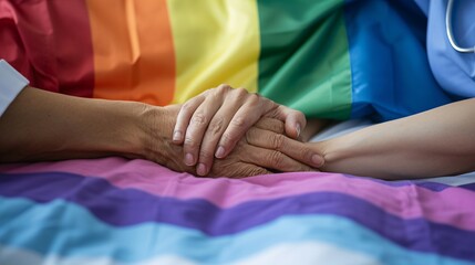 Compassionate Nurse Holding Patient's Hand with Rainbow Flag in Background, Comforting Supportive Care Concept
