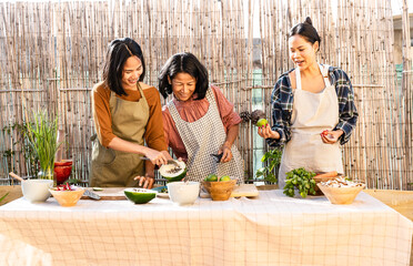 Happy Southeast Asian mother and daughters are having fun cooking a Thai food recipe together in...