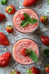 Two glasses of strawberry smoothies with a sprig of mint on top