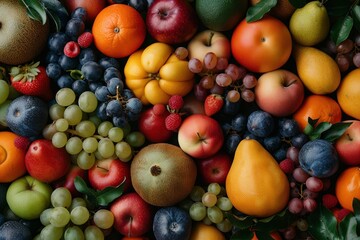 A vibrant mix of fresh fruits, including apples, pears, grapes, plums, and berries, create a colorful and appetizing display.